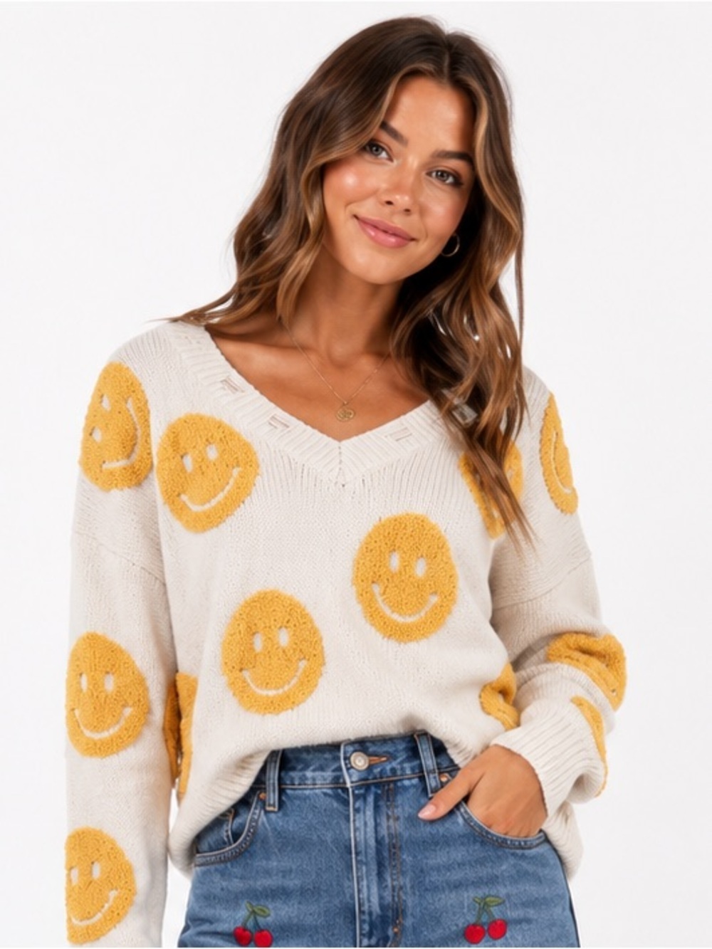 Altar’d State Smiley Face Distressed Knit Sweater Size S Ivory Yellow V-Neck